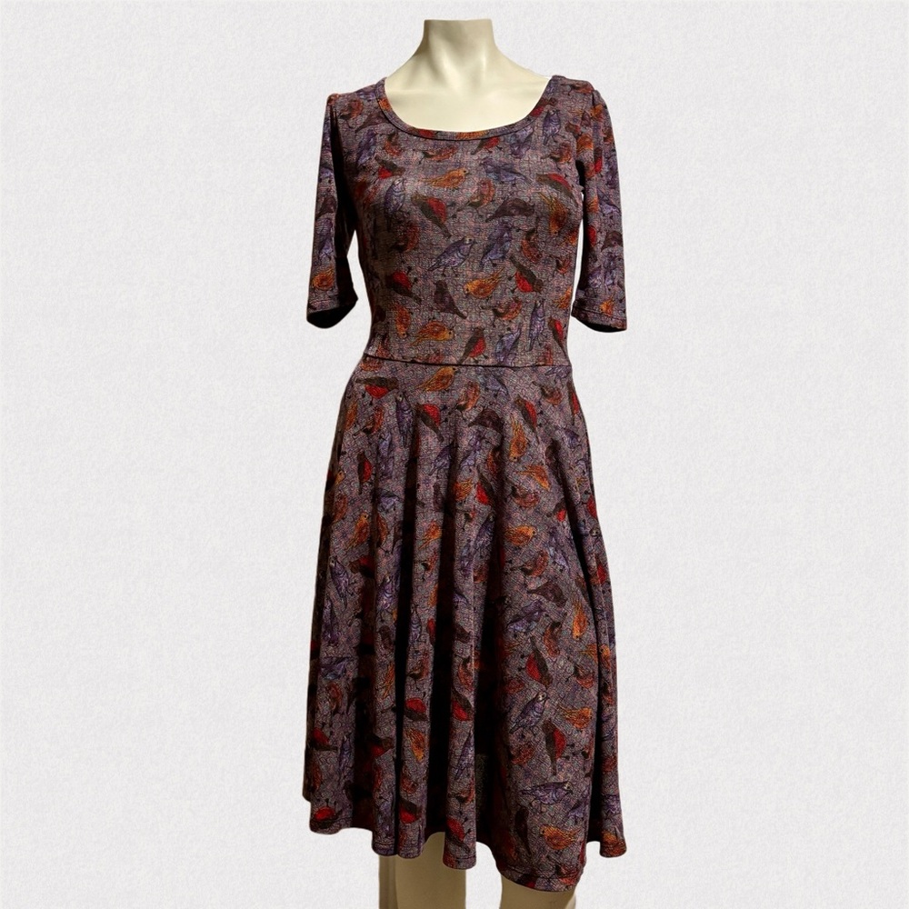 LuLaRoe Nicole Bird Print Fit & Flare Dress Size S  A-Line Stretch Knit